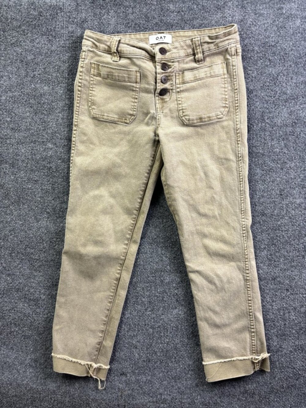 OAT Mid Rise Straight Ankle Jeans Womens 27 Beige Fringe Crop Stretch 27x26